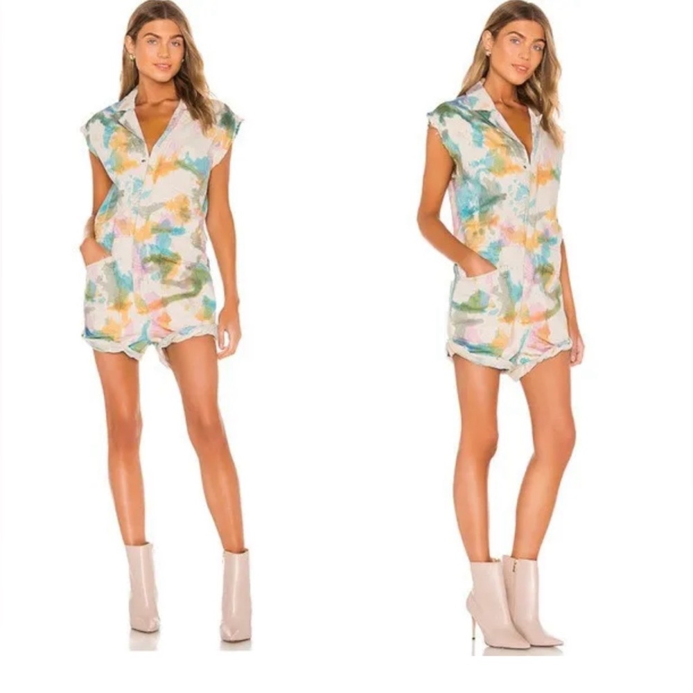 One Teaspoon Denim Camp Romper Overalls Bandit Tie Dye Rainbow